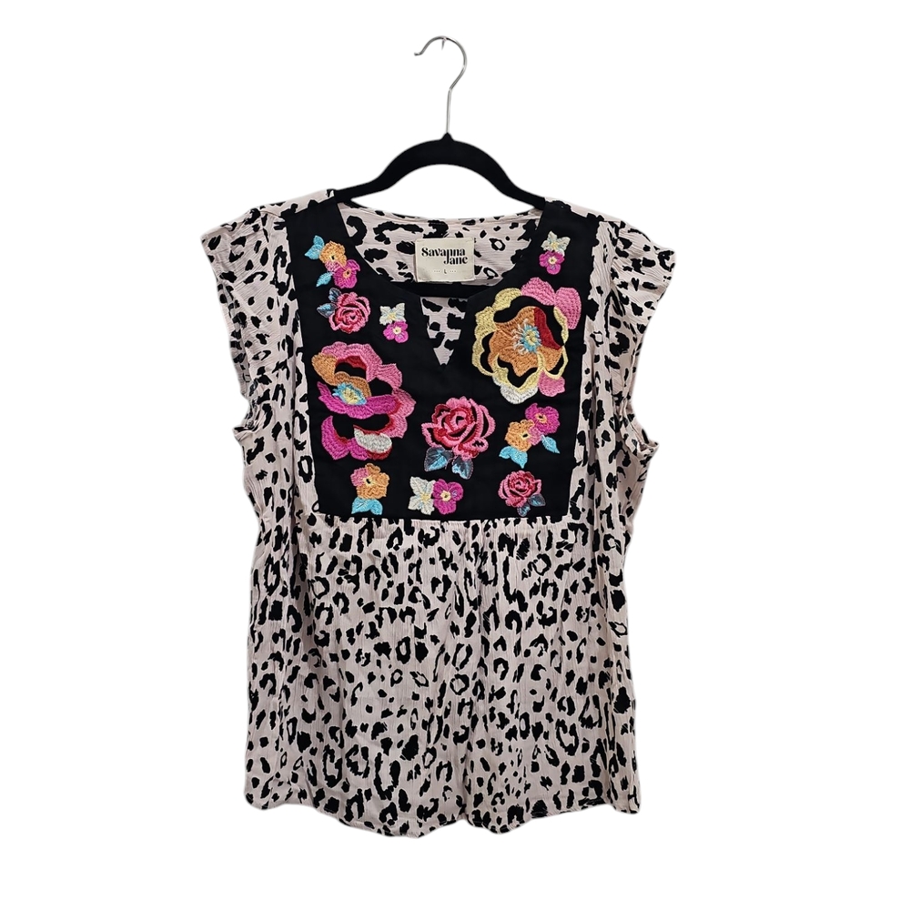 Savanna Jane Boutique Women Floral Embroidered Top Animal Print Black
